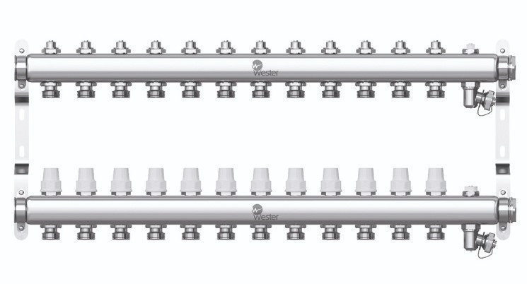 Коллектор для отопления Wester 1"-3/4 в сборе на 11 выходов с 2 заглушками