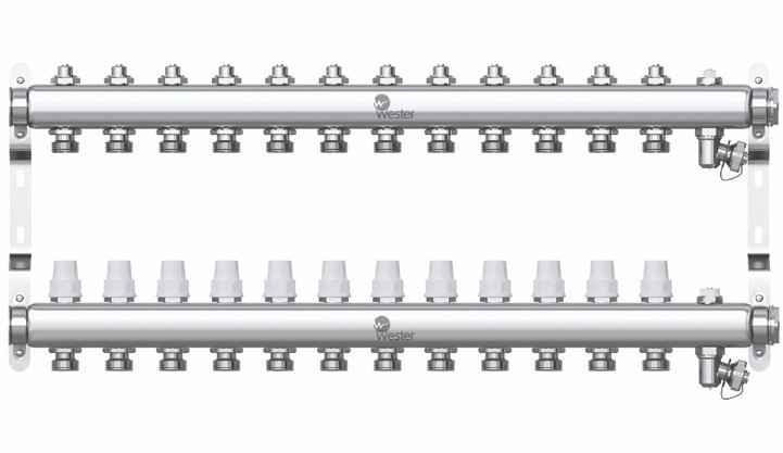 Коллектор для отопления Wester 1"-3/4 в сборе на 12 выходов с 2 заглушками