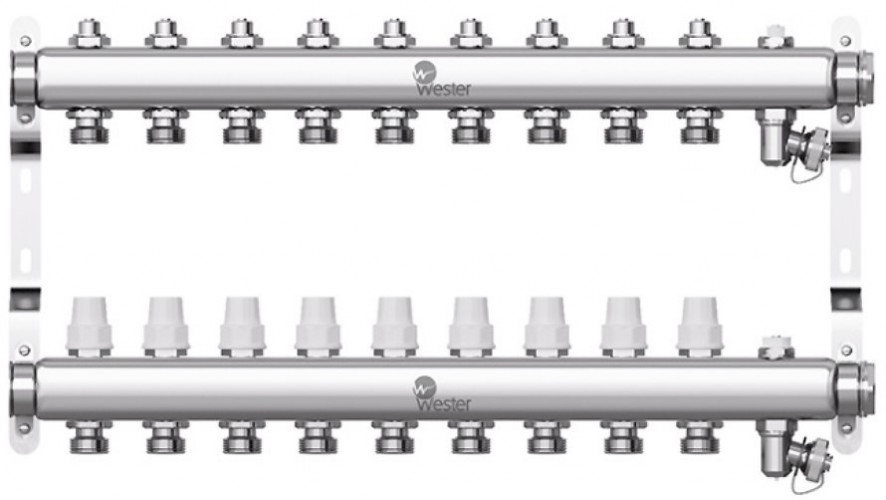 Коллектор для отопления Wester 1"-3/4 в сборе на 9 выходов с 2 заглушками