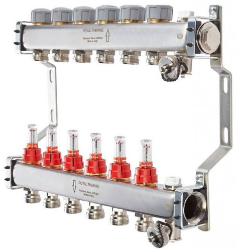 Для отопления Royal Thermo 1" ВР-3/4" НР, 8 выходов с расходомерами, нерж. (RTE 52.108)
