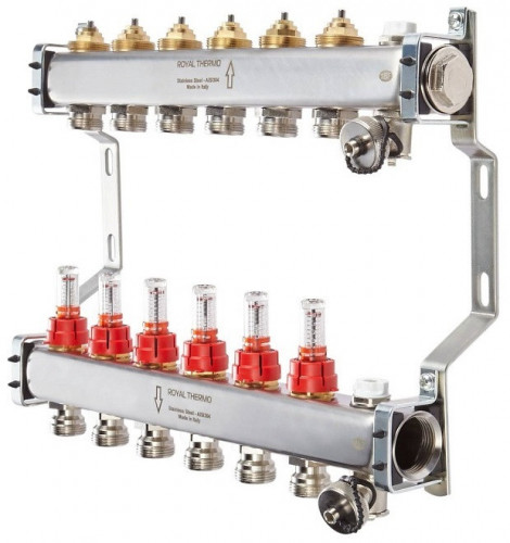 Для отопления Royal Thermo 1" ВР-3/4" НР, 9 выходов с расходомерами, нерж. (RTE 52.109)